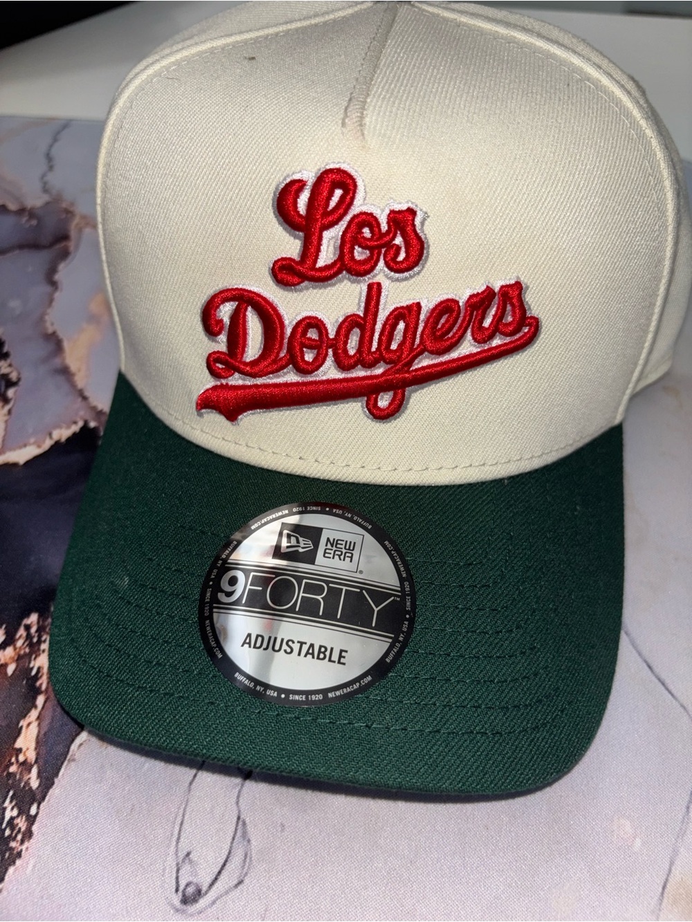 New Era Cream Crown Green Visor Hat with Red Los Dodgers Script